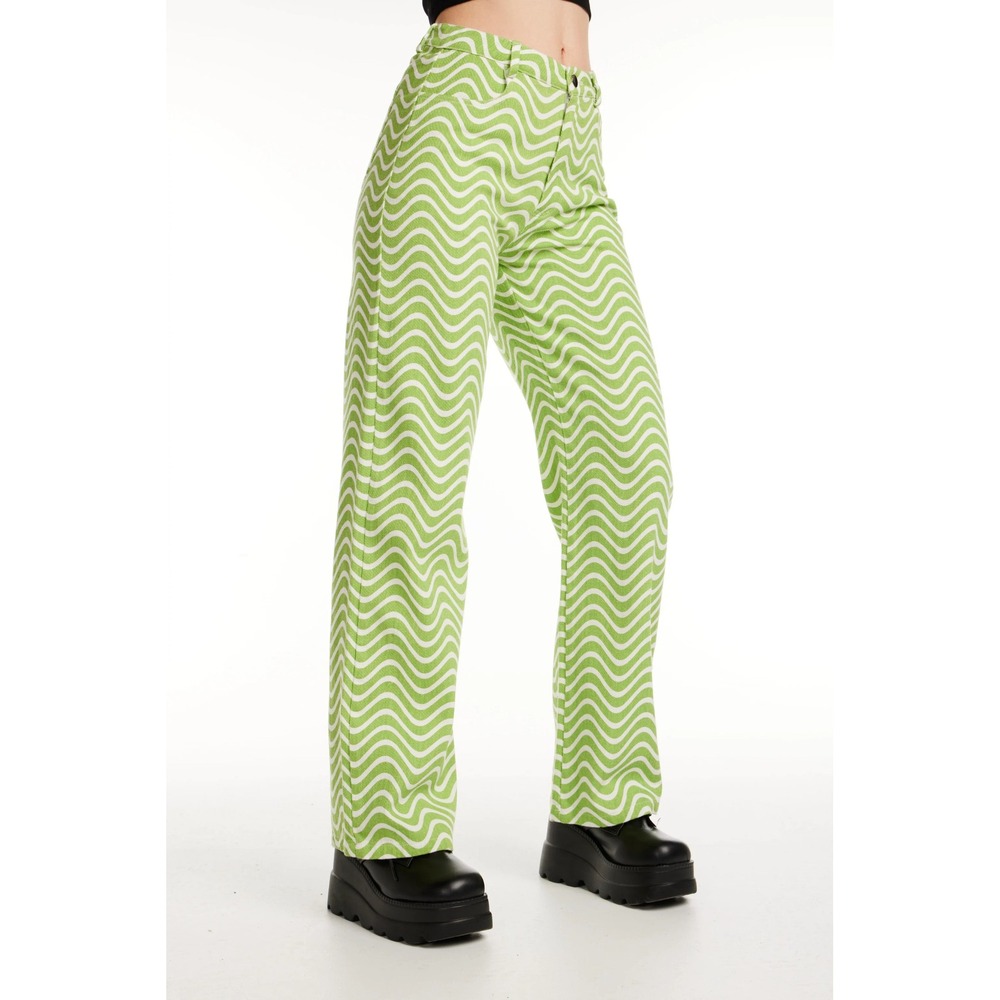 Ragged Jeans Straight Leg Pants Women 24 Green Wavy Swirl Print High Rise Denim
